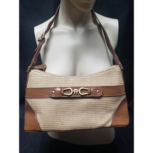 Etienne Aigner Straw / Leather Tan Adjustable Strap Shoulder Hand Bag Purse - Picture 12 of 12
